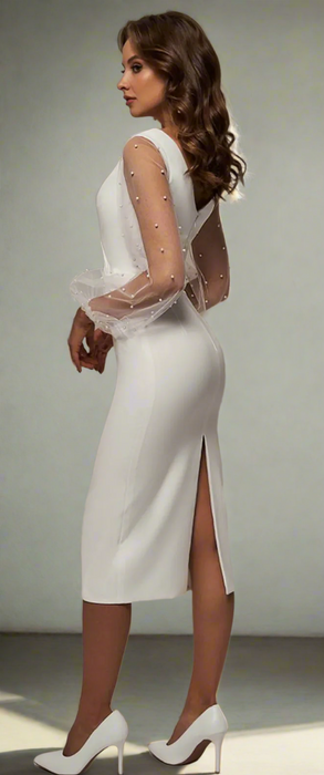 Elegant Simple Satin Tea Length Wedding Dress with Pearl Sleeves