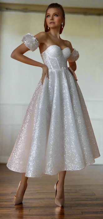 Sequined Crystal Lace Tea Length Wedding Dress with Puff Sleeves
