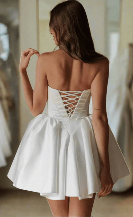 Satin Short Ivory or White Mini Wedding or Ceremony Dress with Corset Back - Lumina Brides
