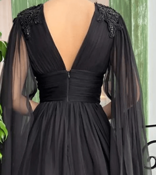 Simple Black Chiffon Ceremony Dress with Dramatic Sheer Cape Sleeves - Lumina Brides