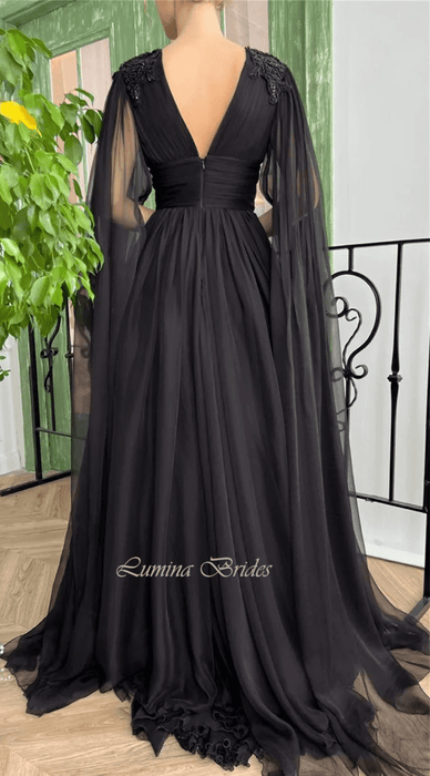 Simple Black Chiffon Ceremony Dress with Dramatic Sheer Cape Sleeves - Lumina Brides