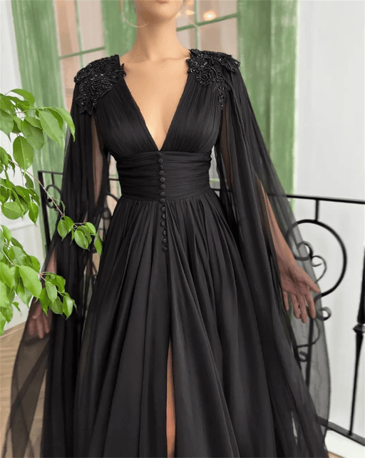 Simple Black Chiffon Ceremony Dress with Dramatic Sheer Cape Sleeves - Lumina Brides