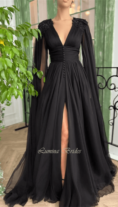 Simple Black Chiffon Ceremony Dress with Dramatic Sheer Cape Sleeves - Lumina Brides