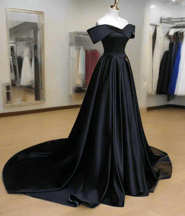 Simple Black Satin Dress with Flattering Off Shoulder Bodice - Lumina Brides