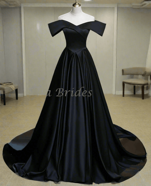 Simple Black Satin Dress with Flattering Off Shoulder Bodice - Lumina Brides