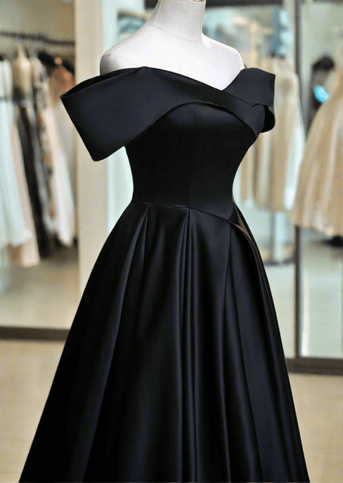 Simple Black Satin Dress with Flattering Off Shoulder Bodice - Lumina Brides