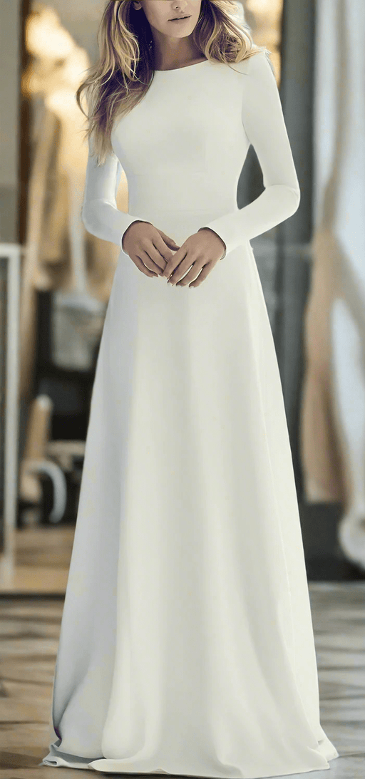 Simple Ivory or White Modest Stretchy Satin Wedding Dress with High Neck - Lumina Brides