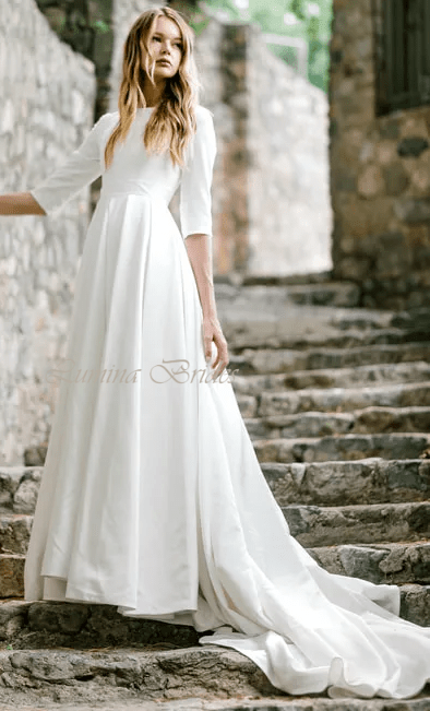 Simple Modest Crepe Satin Wedding Dress with Lace Up Closed Back - Lumina Brides