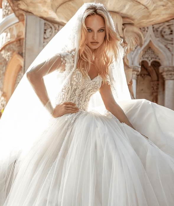 Soft Ivory Off Shoulder Wedding Dress with Deluxe Flower Lace - Lumina Brides