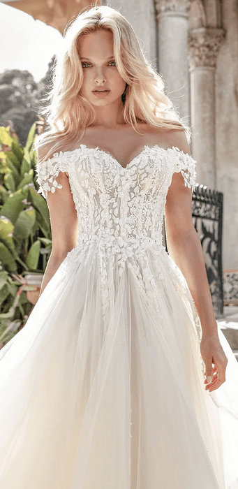 Soft Ivory Off Shoulder Wedding Dress with Deluxe Flower Lace - Lumina Brides