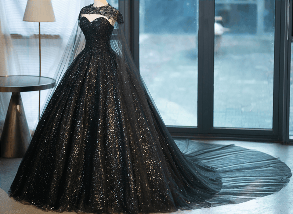 Sparkly Black Deluxe Wedding or Event Dress with Matching Cape - Lumina Brides