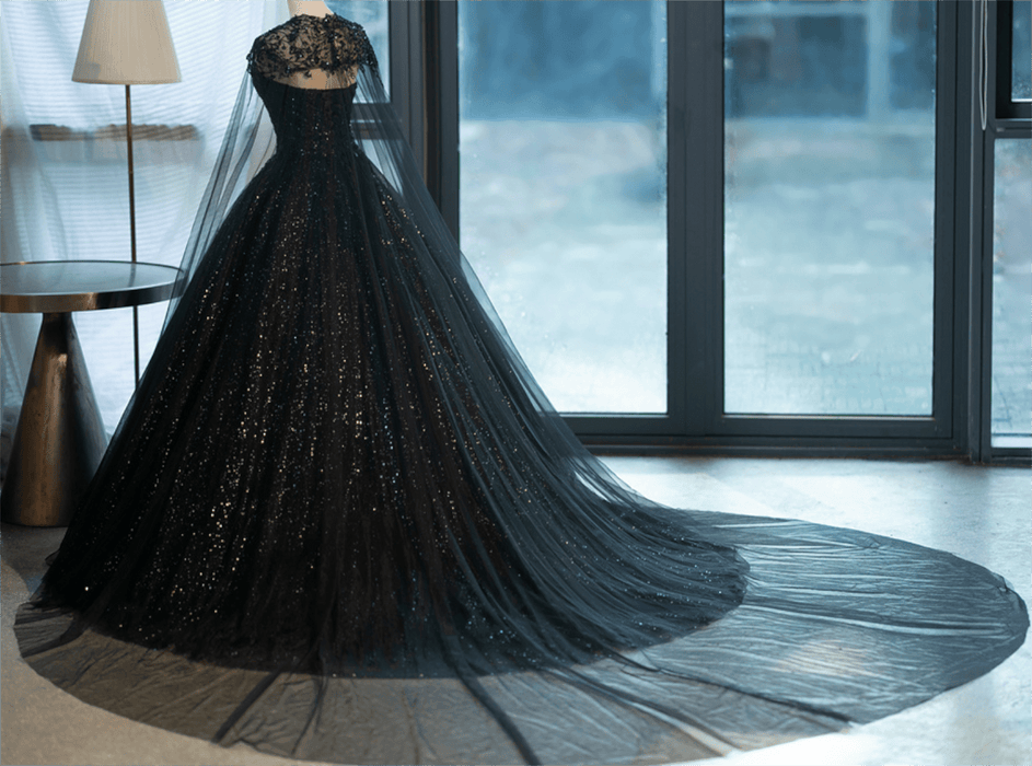 Sparkly Black Deluxe Wedding or Event Dress with Matching Cape - Lumina Brides