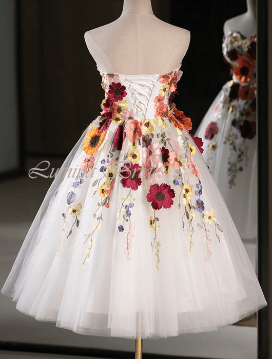 Tea Length Boho Wedding or Party Dress with Silk Flowers & Corset Back - Lumina Brides