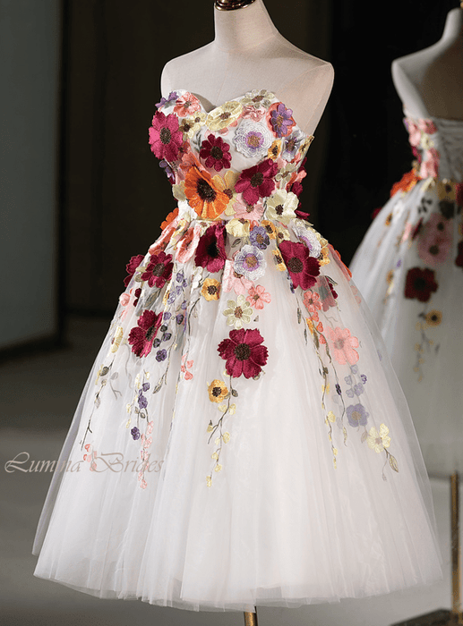 Tea Length Boho Wedding or Party Dress with Silk Flowers & Corset Back - Lumina Brides