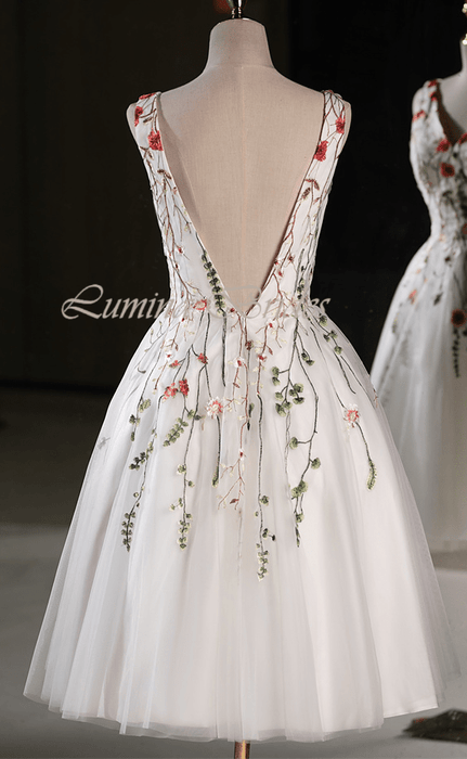 Tea Length Boho Wedding or Party Dress with Wildflowers & Open Back - Lumina Brides