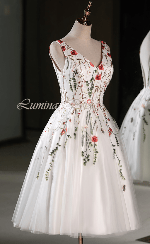 Tea Length Boho Wedding or Party Dress with Wildflowers & Open Back - Lumina Brides