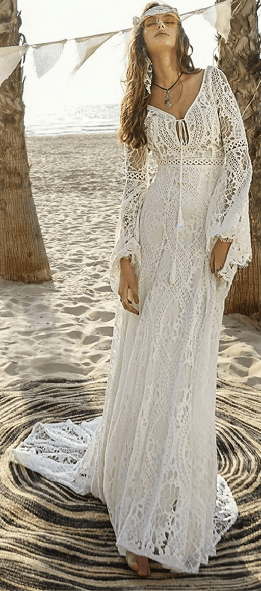 White Soft Crochet Lace Bohemian Wedding Dress with Bell Sleeves - Lumina Brides