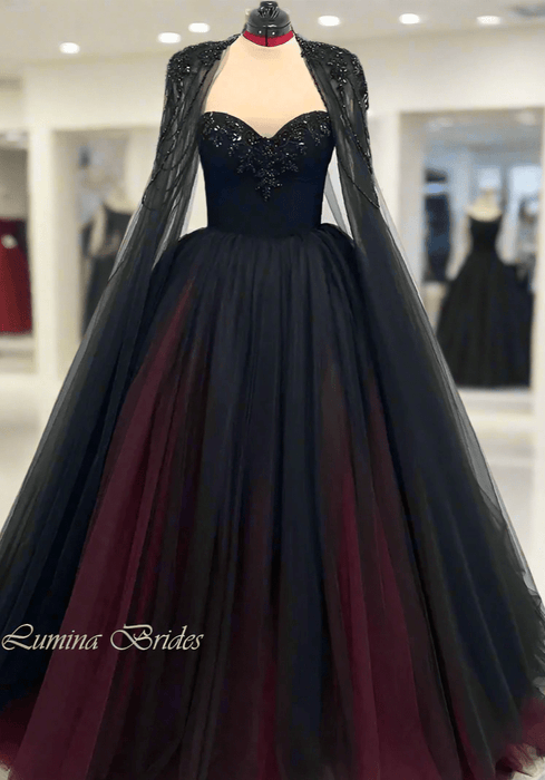 Wine Red & Black Gothic Gown with Pearl Back Separate Cape - Lumina Brides