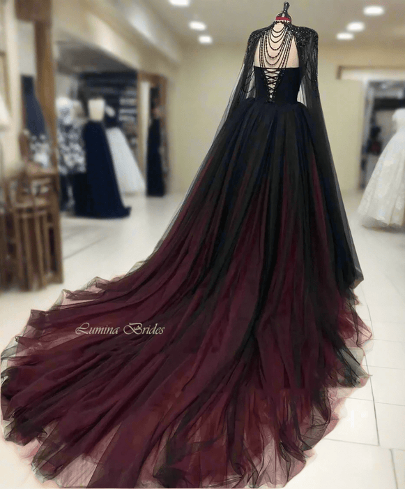 Wine Red & Black Gothic Gown with Pearl Back Separate Cape - Lumina Brides